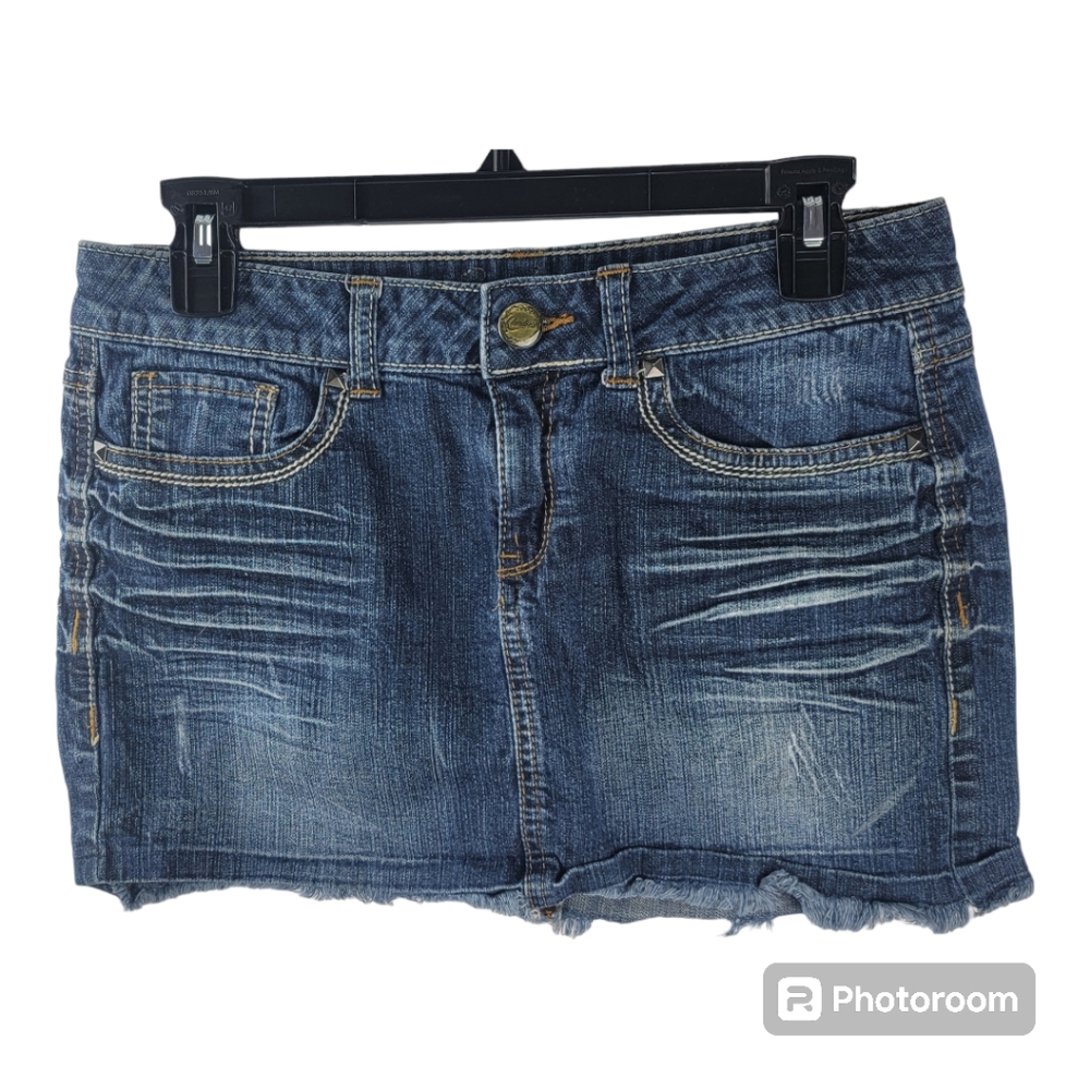 Candie's Women's Juniors Denim Jean Mini Skirt Dark Wash Size 7 Fringe Heam